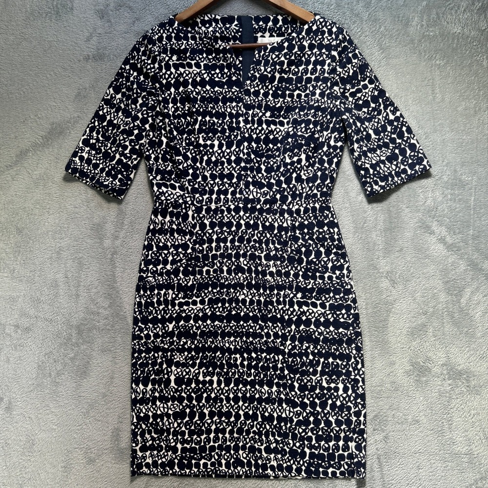 LK Bennett London Volsa Navy Blue White Graphic Print Sheath Dress Size 6 US